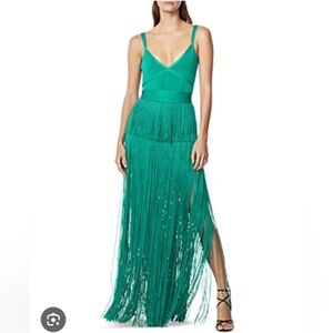 Herve Leger Green Strappy Ottoman Fringe Gown